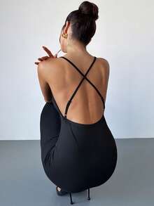 Firerie 女士优雅、精致、浪漫、性感、时尚晚宴、假日、婚礼宾客、度假深V领金属细肩带交叉露背修身黑色连衣裙 - 黑色 - 查看 5