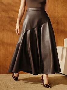 Anewsta 大码女式优雅通勤休闲纯色PU喇叭裙 - 棕色 - 查看 7