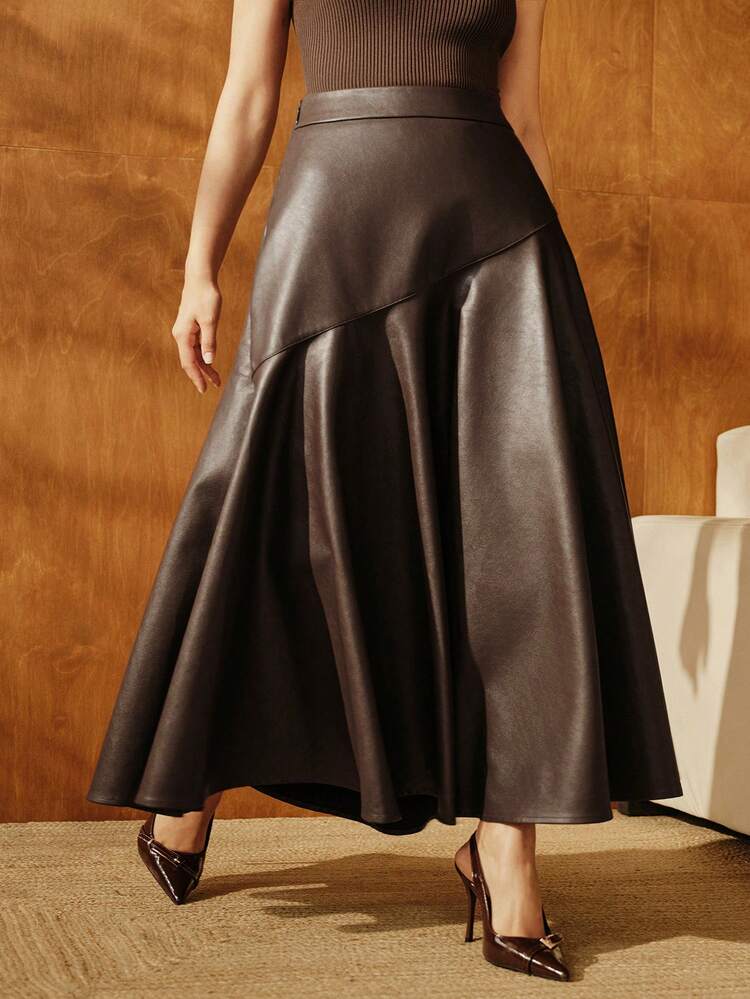 Plus Size Women Elegant Commuter Casual Solid Color PU Flared Skirt