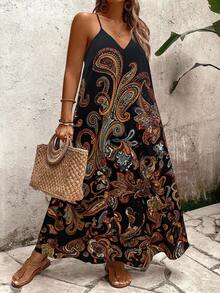 EMERY ROSE Plus Size Women's Paisley & Cashew Print Black V-Neck Summer Boho Vacation Holiday Loose Fit Maxi Dress,Elegant Vintage Style,Daily Commute,Spring - Multicolor - View 5