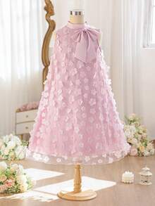 SHEIN Pitira 少女立领网纱碎花休闲宽松吊带连衣裙 - 粉色 - 查看 7