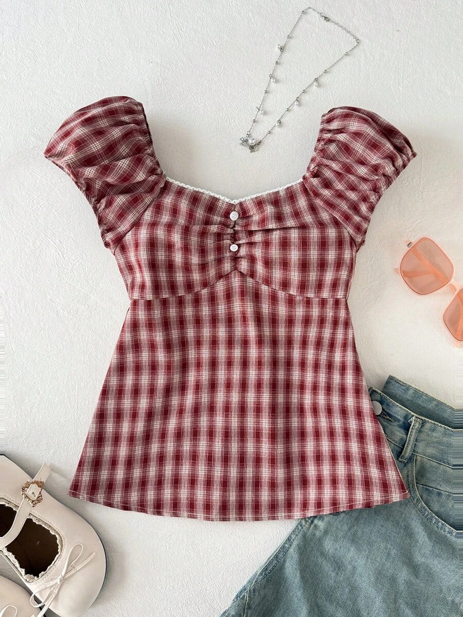 SHEIN Tween Girls' Casual Collared Waist Cinched Short Sleeve Cropped Shirt - Multicolor - View 1