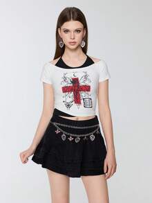 ROMWE 1 chiếc dây chuyền kiểu Gothic màu bạc và đen nhiều lớp dành cho nữ, phụ kiện đeo eo, thích hợp sử dụng hàng ngày và Halloween. - Vòng eo hai lớp màu đỏ bạc - Xem 6