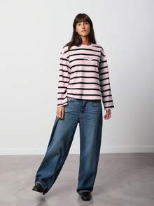 SURIMA Women's Casual Stripes Round Neck Striped English Letter Embroidered Long Sleeve Sweatshirt - Pink - View 3