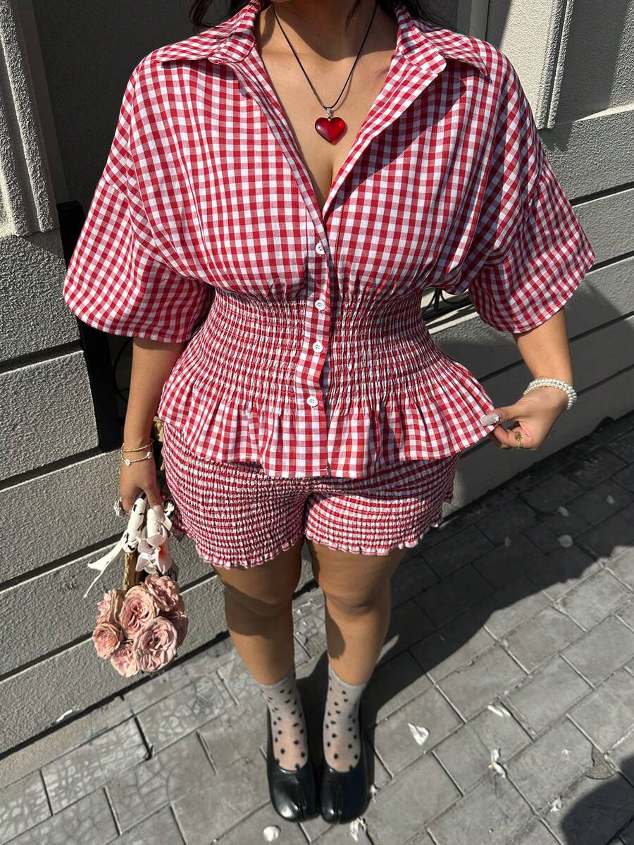 GalTyme 大码女式格子单排扣腰带衬衫和短裤休闲两件套，春夏款 - 彩色 - 查看 1