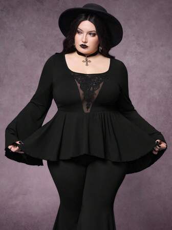Goth Maglietta da donna stile gotico oversize con collo rotondo, maniche a campana, balze e contrasto in pizzo