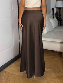 Ronhire SHEIN PETITE 女士缎面半身裙，优雅鱼尾裙摆，百搭日常装，咖啡色半身裙 - 咖啡棕 - 查看 2