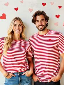 HIMLAND 男士条纹圆领爱心刺绣休闲百搭情人节约会短袖T恤