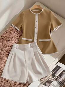 Franclia 2 buc/set contrastant culori top și pantaloni scurți casual două piese set femei mânecă scurtă seturi pantaloni scurți femei pantaloni scurți și cămașă set femei vară 2 piese seturi bej două piese set - Multicolor - Vizualizare 1
