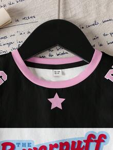 THE POWERPUFF GIRLS X SHEIN Young Girl Summer Casual Colorblock Blossom, Bubbles, Buttercup Pattern Round Neck Short Sleeve T-Shirt - White - View 3