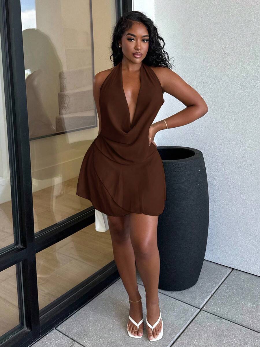 Alexandranx New Spring/Summer Sexy Backless Solid Color Halter Deep Draped Neck Asymmetrical Ruffle Hem Mini Dress - Brown - View 1