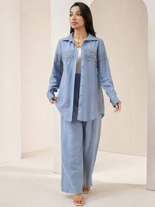 Veilorie 女士纯色撞色蕾丝长袖衬衫和裤子休闲两件套 - 藍色 - 查看 3