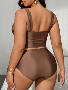 SHEIN Swim 大码女装两件套，高档缎面露背上衣和高腰裤三件套，沙滩度假 - 咖啡棕 - 查看 2