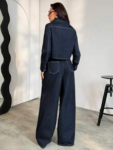 SHEIN Fashionable Commuter Washed Cropped Top And Wide Leg Jeans Set 2 Piece Set For Women - Dark Wash - View 2