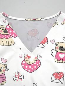 PopScrub 可爱哈巴狗卡通爱心信封印花V领短袖口袋护士服上衣和短裤套装，时尚女式护士制服，春夏款 - 彩色 - 查看 6