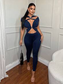 SHEIN SXY Blue Hollow-Out Sexy Bodycon Jumpsuit, Spring/Summer - Blue - View 5