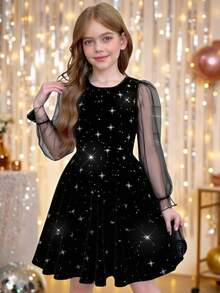 Pitira Tween Girls Partywear,Glitter Silver Star Print Velvet Black Fitted Mini Dress, Contrast Mesh Puff Long Sleeve,Fall/Winter Dress,Halloween,Christmas,Party Going