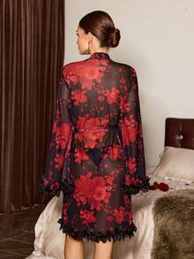 Slumberist Elegant Black Floral Print Sheer Mesh Robe For Women Sexy Thigh Length Long Sleeves - Black - View 2