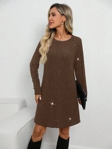 EMERY ROSE Women's Glitter Round Neck Long Sleeve Short Dress Jumper Dress Brown Dress Women Coffee Brown Dress Long Sleeve Dresses Woman - Coffee - View 5