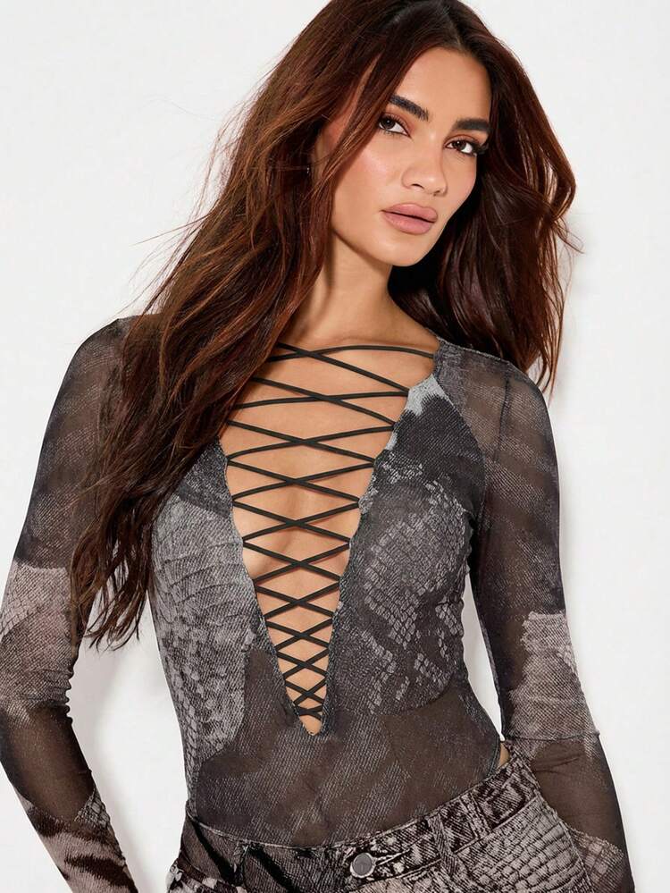 KIZN Snake Print Bodysuit With Lace Up Front