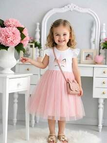 SHEIN Glamorique Kids 小女童獨角獸印花網紗拼接連衣裙