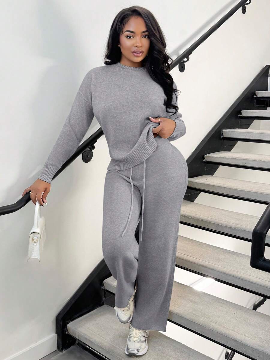 Alexandranx Bộ 2 áo thun dài tay trơn màu rộng rãi thoải mái cho nữ và quần ống rộng phối đồ - Màu xám đen - Xem 1