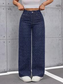 SHEIN ICON 女士复古宽松直筒阔腿牛仔裤 - 深色水洗藍 - 查看 8