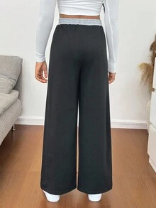 SHEIN Pantalones jogger de niña preadolescente de estilo casual de calle con cintura con cordón y contraste de color - Negro - Ver 2