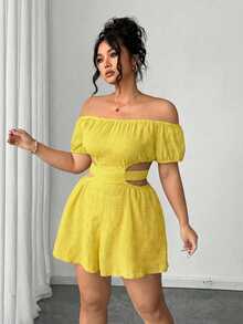Elenzga Plus Size Women's French Textured Off-Shoulder Jumpsuit, Light Yellow Summer Smart Casual Vacation Curvy Linen Two Piece Set Brunch Beach - Yellow - View 5