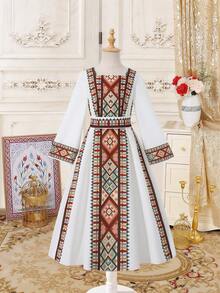 SHEIN Young Girl Geometric Print Pleated Casual Flare Sleeve Dress, Suitable For Outings And Gatherings - Apricot - View 7