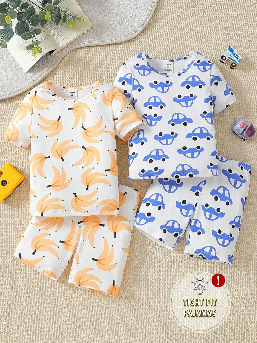 4pcs/Set Boys Cartoon & Banana Allover Print Snug Fit Short Sleeve Top And Shorts Pajama Set - Multicolor - View 1