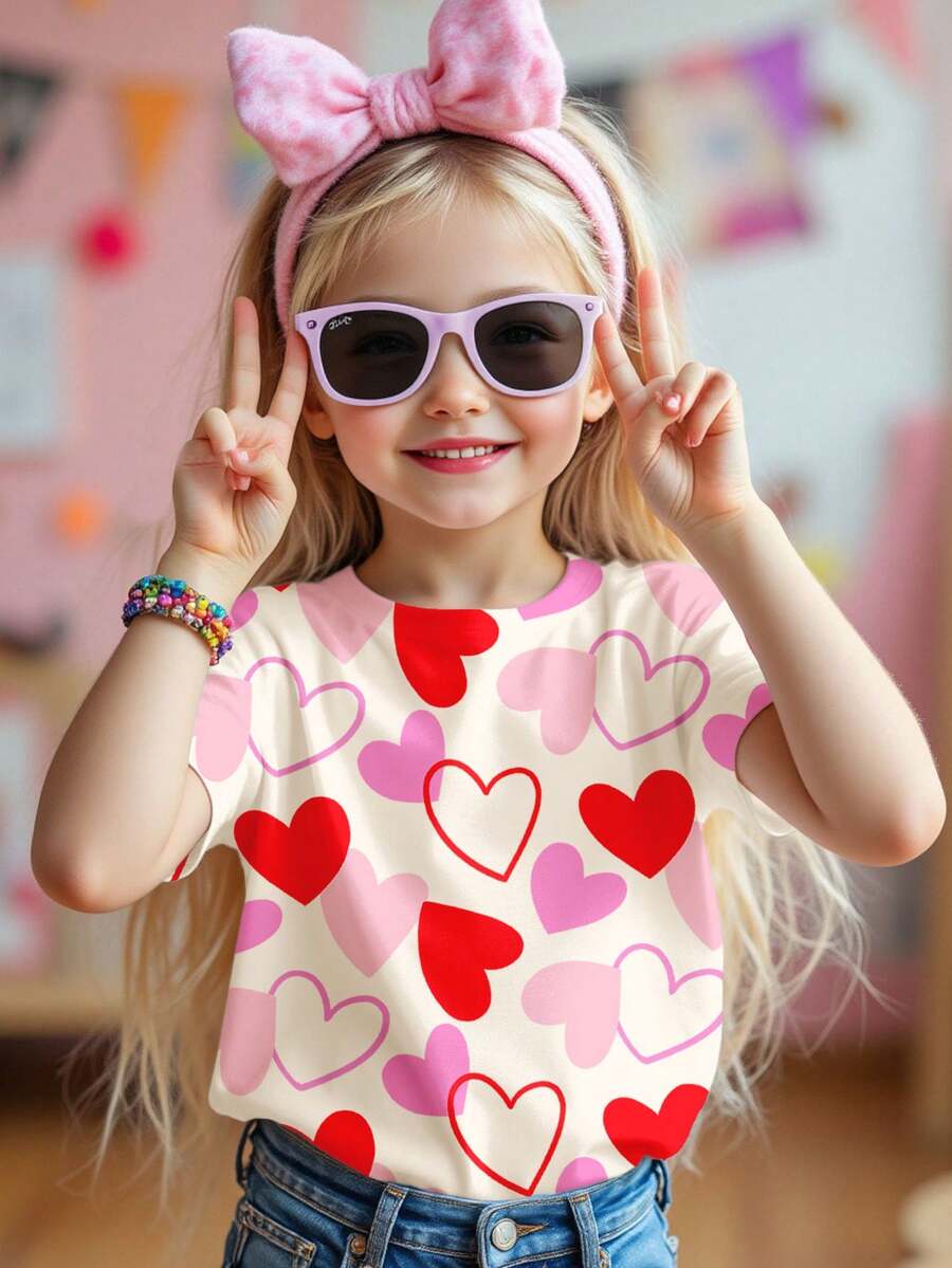 SHEIN Cute & Sweet Young Girl Pink Heart Graphic Tee, Casual Minimalist Short Sleeve Round Neck T-Shirt, Suitable For Spring & Summer Daily Wear, Stylish Girls Casual, Sweet Heart Graphic , New Style, Homecoming, Valentine Vibes - Multicolor - View 1