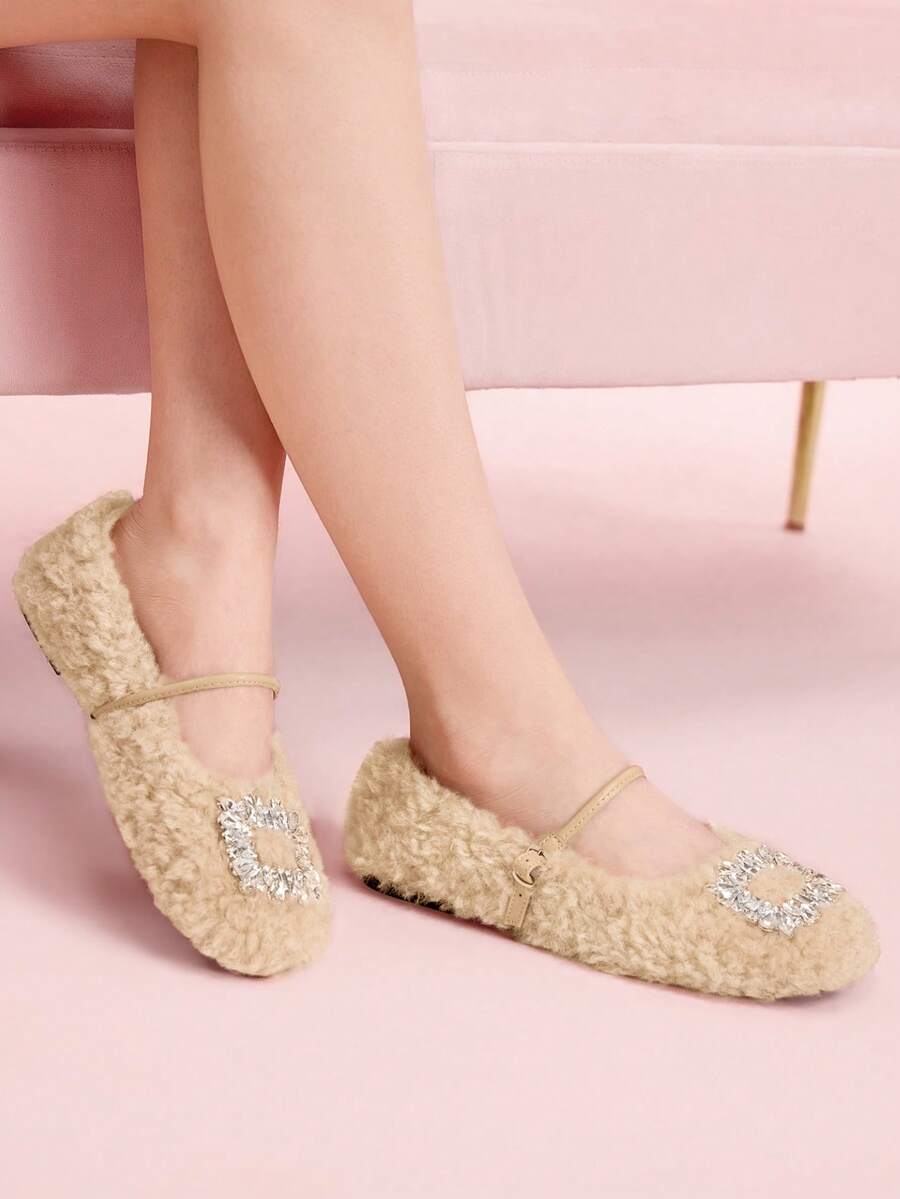 CUCCOO DOLLMOD Rhinestone Decor Plush Casual Comfortable Versatile Flat Shoes, Suitable For Daily Commute - Khaki - View 1