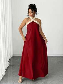 Elenzga Collection d'élégance excentrique intemporelle (Vibes Woe Is Me)(Esthétique du mercredi) Robe grande taille à encolure bateauet blocs de couleurs - Rouge foncé - Voir 3