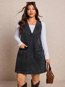 Elaquor Plus Size Women V-Neck Pocket Washed Casual Dress - Black - View 1