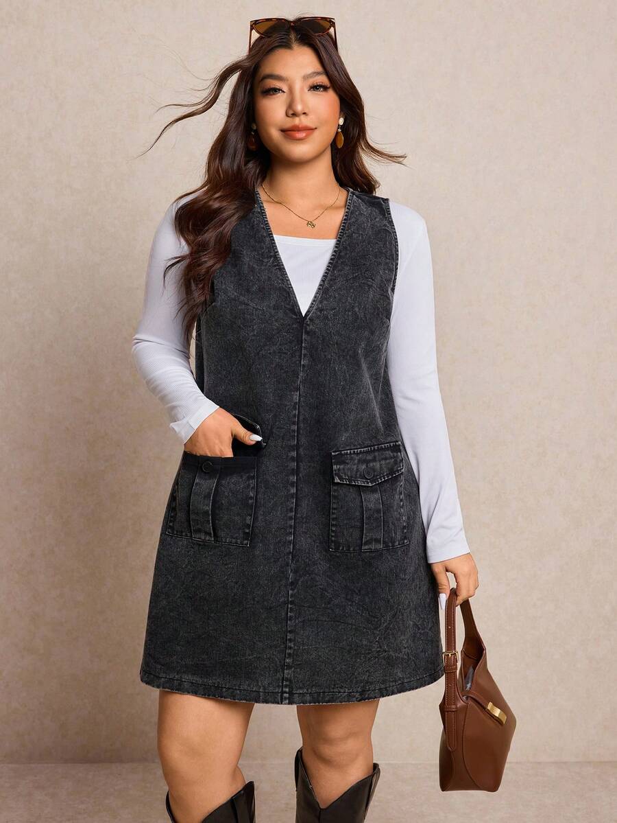 Elaquor Plus Size Women V-Neck Pocket Washed Casual Dress - Black - View 1