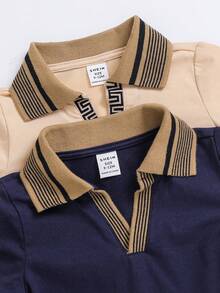 2pcs/Set Newborn Baby Boy/Girl Casual Collegiate V-Neck Knit Bodysuit With Small Logo Print, Suitable For Summer Outings And Gatherings - Multicolor - View 5