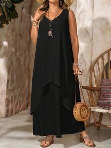 EMERY ROSE 大码女式夏季度假V领无袖两件式白色连衣裙 - 黑色 - 查看 5