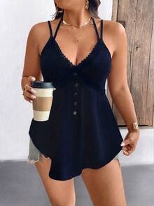 EMERY ROSE Áo camisole hở lưng dáng rộng, màu trơn, viền ren, cỡ lớn. - Màu xanh hải quân - Xem 5