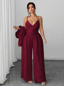 SHEIN PETITE CURVE Bộ đồ liền thân ống rộng 2 món, áo khoác blazer công sở thanh lịch tối giản dành cho nữ cỡ lớn và áo liền quần không tay thắt eo - Màu Đỏ Sâu - Xem 4