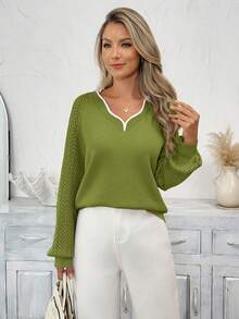 SHEIN LUNE Women's Casual Colorblock Wave Collar Long Sleeve Sweater, Basic Everyday Wear For Autumn/Winter,Casual - Green - View 3