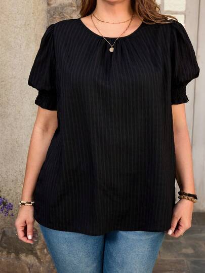 EMERY ROSE Plus Size Women's Solid Color Round Neck Short Puff Sleeve Casual Shirt For Summer/ Vacation Black Blouse For Women Puff Sleeve Top Black Summer Top Pleated Top Black Western Top, Summer Tops