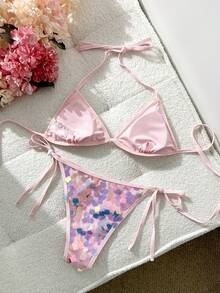 Swim SXY 露背系带性感亮片比基尼三件套泳衣 - 粉色 - 查看 6