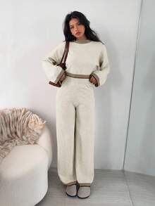 SHEIN EZwear 2pcs Women's Spring New Multicolor Contrast Trim Sweater Set - Multicolor - View 4