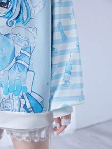 ROMWE EDITION Anime Style Blue & White Plaid Contrast Stripe Print Hooded Loose Sweatshirt Jacket - Multicolor - View 5