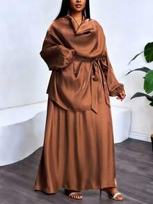 Veslaya Autumn/Winter New Elegant & Party & Gathering & Date & Evening & Wedding Season & Graduation Season & Birthday Party & Girlfriend Dinner Loose Solid Brown Semi-Sheer Glossy Fabric Plunging Neckline Long Sleeve Drawstring Waist Shirt Top And Loose A-Line Maxi Dress Women Plus Size 2-Piece Set,Brown Set Women,Brown Satin Dress, Dress Modest, Plus Size Brown Dress, - Brown - View 1