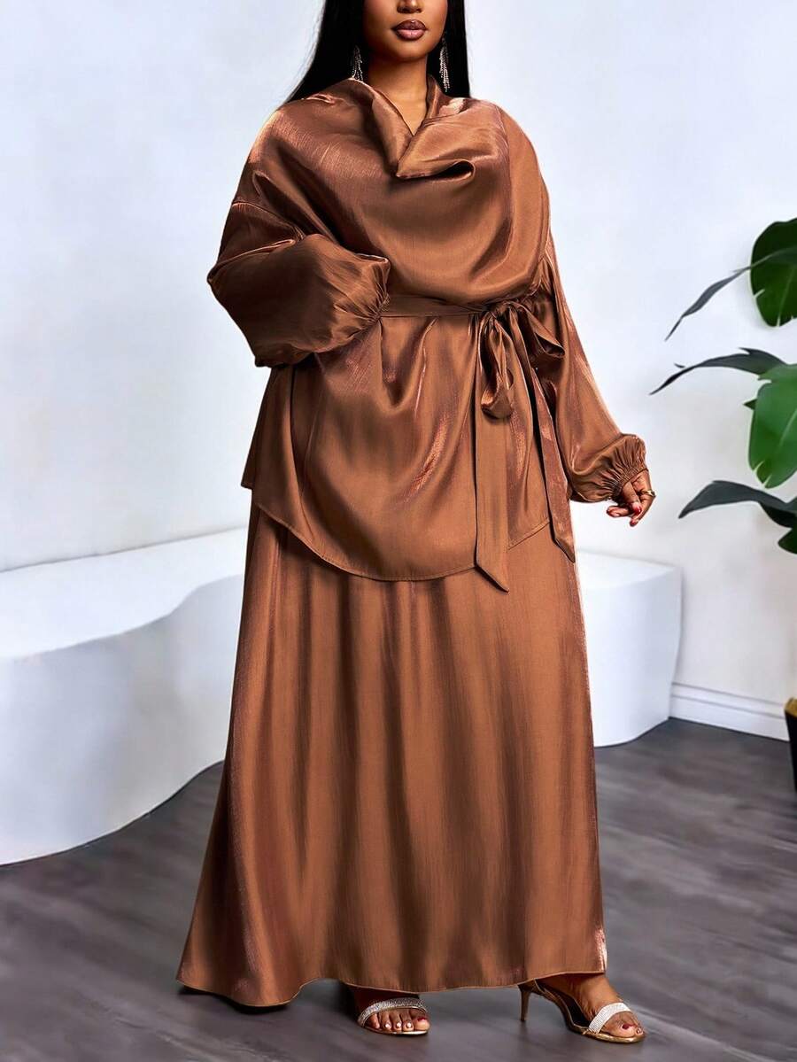 Veslaya Autumn/Winter New Elegant & Party & Gathering & Date & Evening & Wedding Season & Graduation Season & Birthday Party & Girlfriend Dinner Loose Solid Brown Semi-Sheer Glossy Fabric Plunging Neckline Long Sleeve Drawstring Waist Shirt Top And Loose A-Line Maxi Dress Women Plus Size 2-Piece Set,Brown Set Women,Brown Satin Dress, Dress Modest, Plus Size Brown Dress, - Brown - View 1