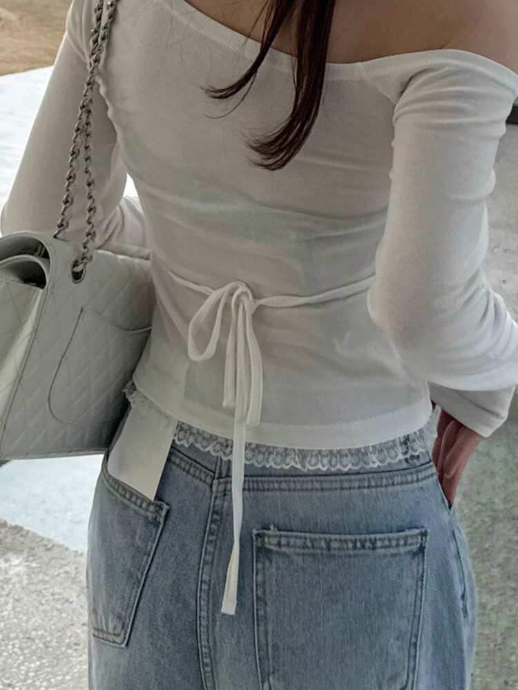 Asymmetrical Lace-Up Oblique Collar Cold Shoulder Casual Long Sleeve Women T-Shirt Spring