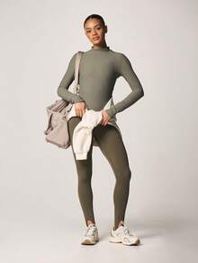 MISSGUIDED Ribbed Long Sleeve High Neck Fitted Top Olive Green Athleisure Training Essential - Grass Green - View 4
