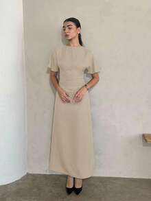 Andrea Bello 女士夏季纯色亚麻混纺休闲连衣裙，奶油黄色，连衣裙优雅优雅，领带活动连衣裙女士正式派对连衣裙女士派对连衣裙女士长裙女士正式连衣裙女士长裙女士正式连衣裙女士夏季连衣裙，毕业礼服 - 杏色 - 查看 4